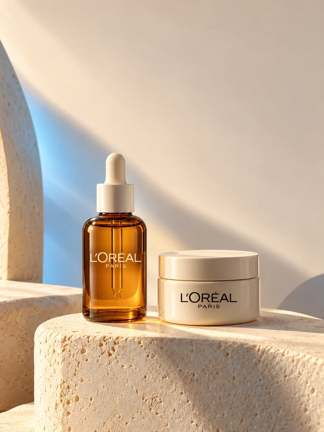Concepto independiente de L’Oréal Paris con el logotipo aplicado sobre el frasco y el tarro de cosmética